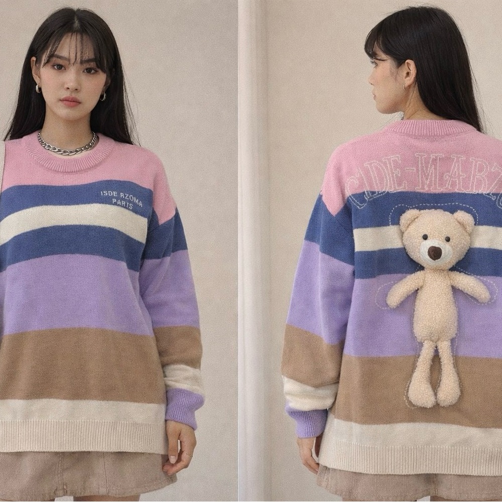 ISDE AZOMA Paris Teddy Bear Sweater 13De Marzo Inspired Y2K Pastel Knit Kpop S/M